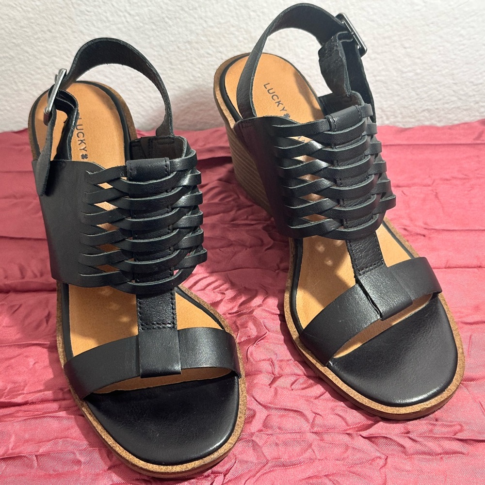 LUCKY BRAND🍀 - Black Leather Woven Wedge Sandals / huaraches